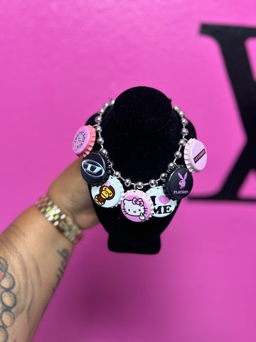 Pink/black/white cap necklace